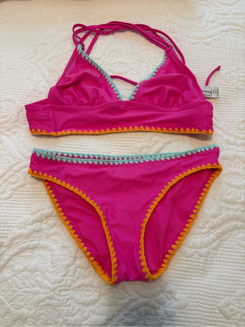 Hula Honey Fuchsia Bikini with Aqua and Yellow Crochet Trim